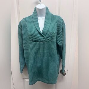 Vintage Eddie Bauer Petite Shaker Knit Sweater Teal Green Shawl Neck Cotton S/P